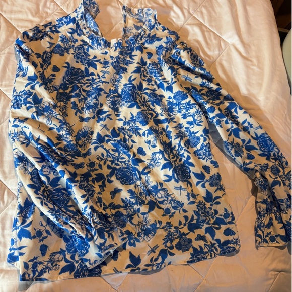 SHEIN Blue and White Long Sleeve Mandarin Collar Blouse - Picture 1 of 4